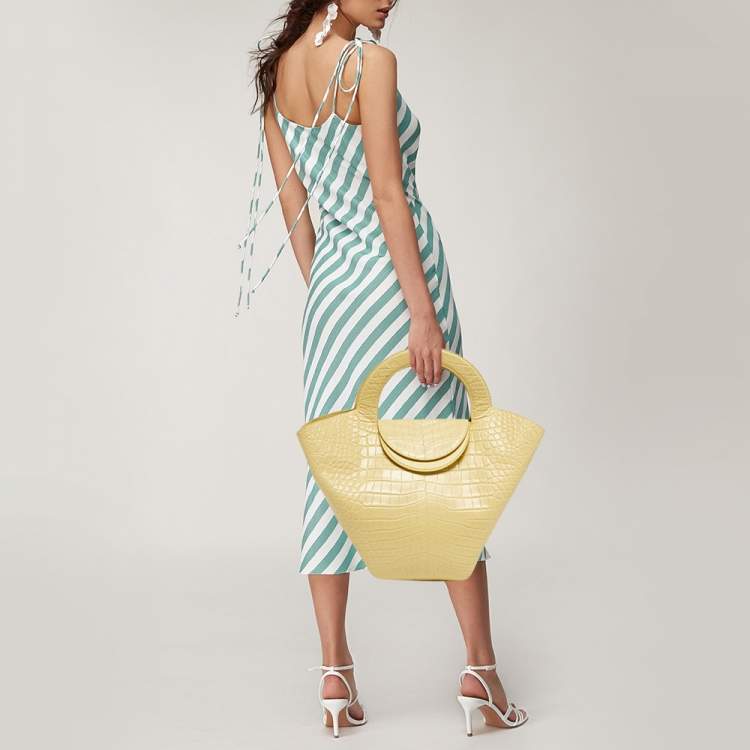 Pre Owned Bottega Veneta Yellow Crocodile Embossed Leather Doll Tote