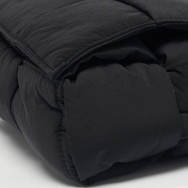 Pre Owned Bottega Veneta Black Intreccio Nylon Medium Cassette Shoulder Bag