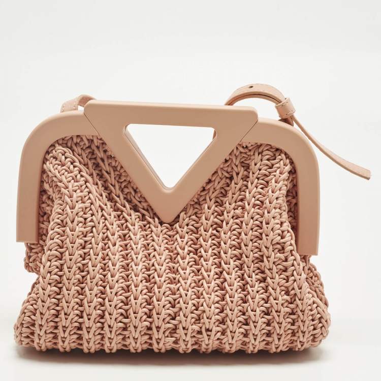 Pre Owned Bottega Veneta The Point Small Peach Woven Leather Crossbody Bag