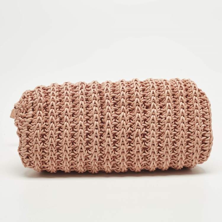 Pre Owned Bottega Veneta The Point Small Peach Woven Leather Crossbody Bag