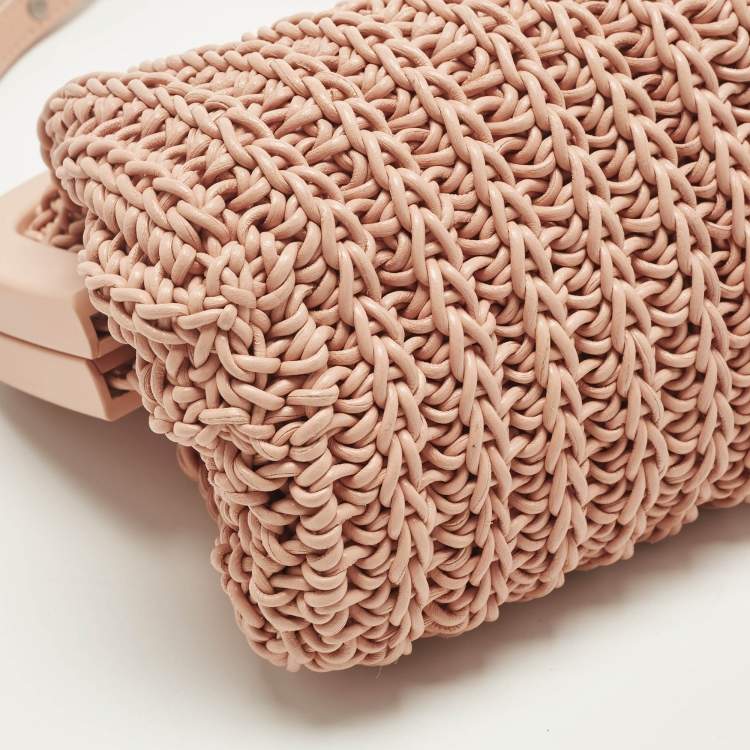 Pre Owned Bottega Veneta The Point Small Peach Woven Leather Crossbody Bag