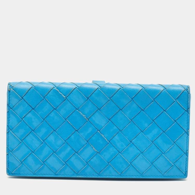 Pre Owned Bottega Veneta Light Blue Intrecciato Leather French Flap Wallet