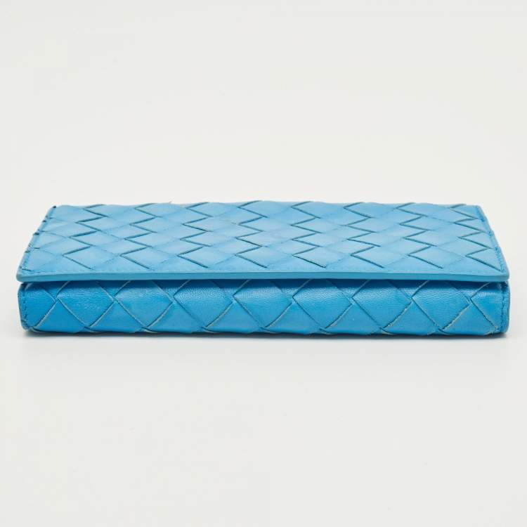 Pre Owned Bottega Veneta Light Blue Intrecciato Leather French Flap Wallet