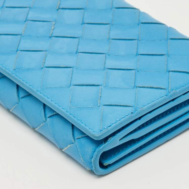 Pre Owned Bottega Veneta Light Blue Intrecciato Leather French Flap Wallet