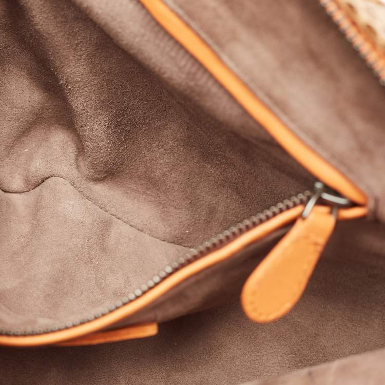 Pre Owned Bottega Veneta Nodini Orange/Brown Intrecciato Leather and Snakeskin Crossbody Bag