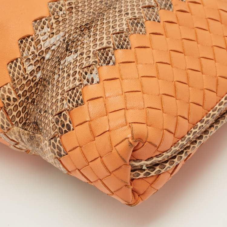 Pre Owned Bottega Veneta Nodini Orange/Brown Intrecciato Leather and Snakeskin Crossbody Bag