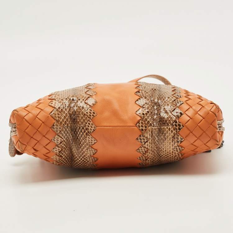 Pre Owned Bottega Veneta Nodini Orange/Brown Intrecciato Leather and Snakeskin Crossbody Bag