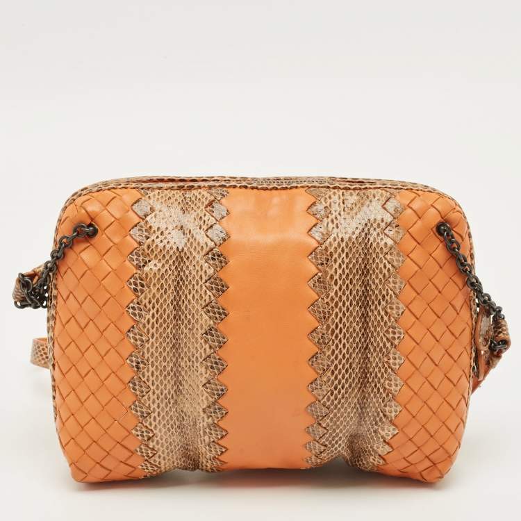 Pre Owned Bottega Veneta Nodini Orange/Brown Intrecciato Leather and Snakeskin Crossbody Bag