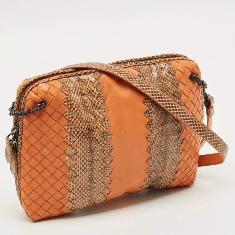Pre Owned Bottega Veneta Nodini Orange/Brown Intrecciato Leather and Snakeskin Crossbody Bag