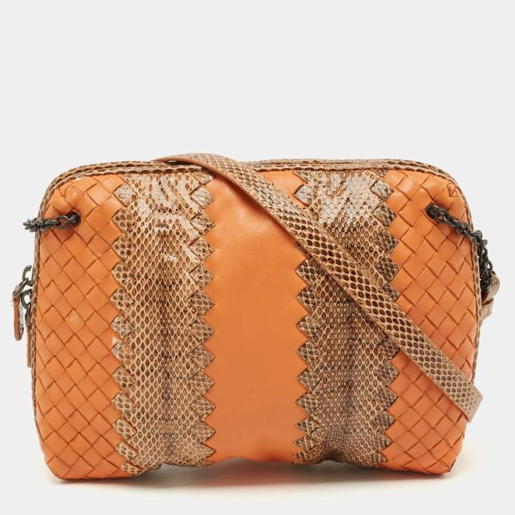 Pre Owned Bottega Veneta Nodini Orange/Brown Intrecciato Leather and Snakeskin Crossbody Bag