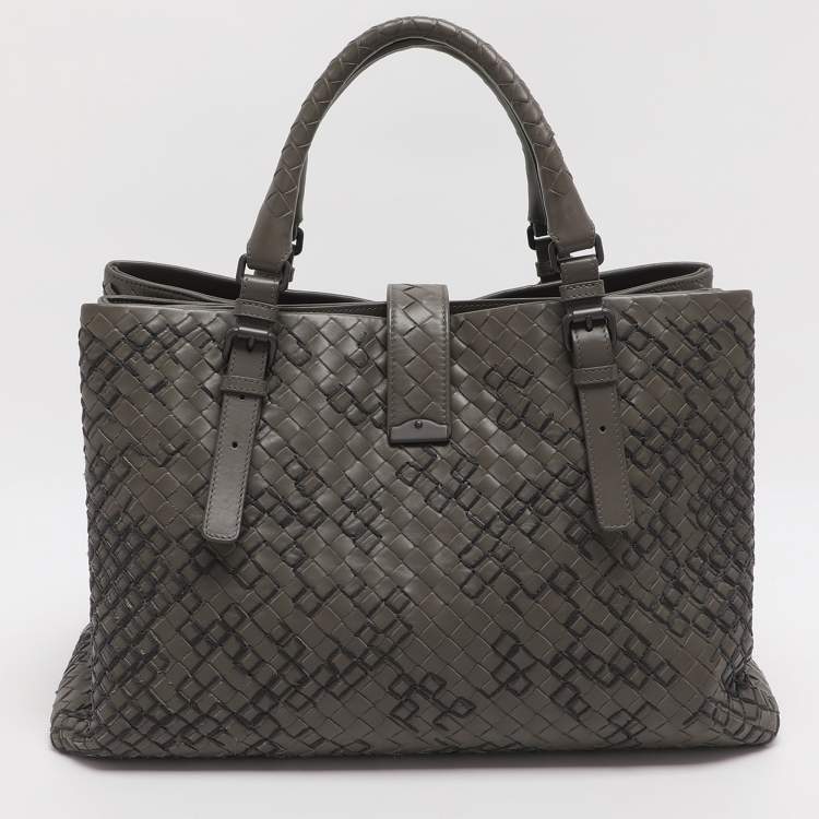 Pre Owned Bottega Veneta Roma Medium Grey Intrecciato Leather Tote