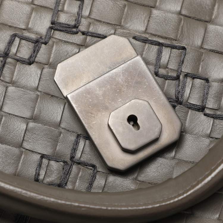 Pre Owned Bottega Veneta Roma Medium Grey Intrecciato Leather Tote