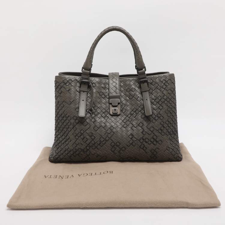 Pre Owned Bottega Veneta Roma Medium Grey Intrecciato Leather Tote