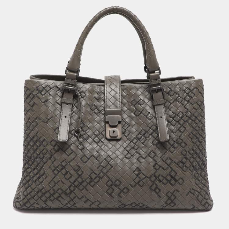 Pre Owned Bottega Veneta Roma Medium Grey Intrecciato Leather Tote