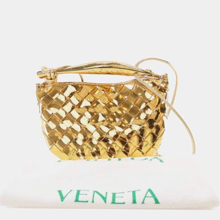 Pre Owned Bottega Veneta Gold Baby Metallic Lambskin Intrecciato Sardine