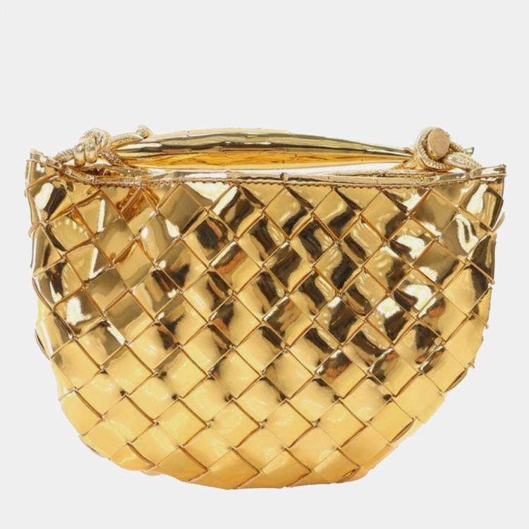 Pre Owned Bottega Veneta Gold Baby Metallic Lambskin Intrecciato Sardine