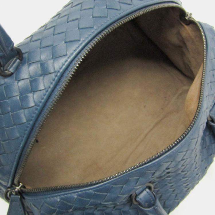 Pre Owned Bottega Veneta Intrecciato Small Boston Bag Leather Shoulder Bag Blue