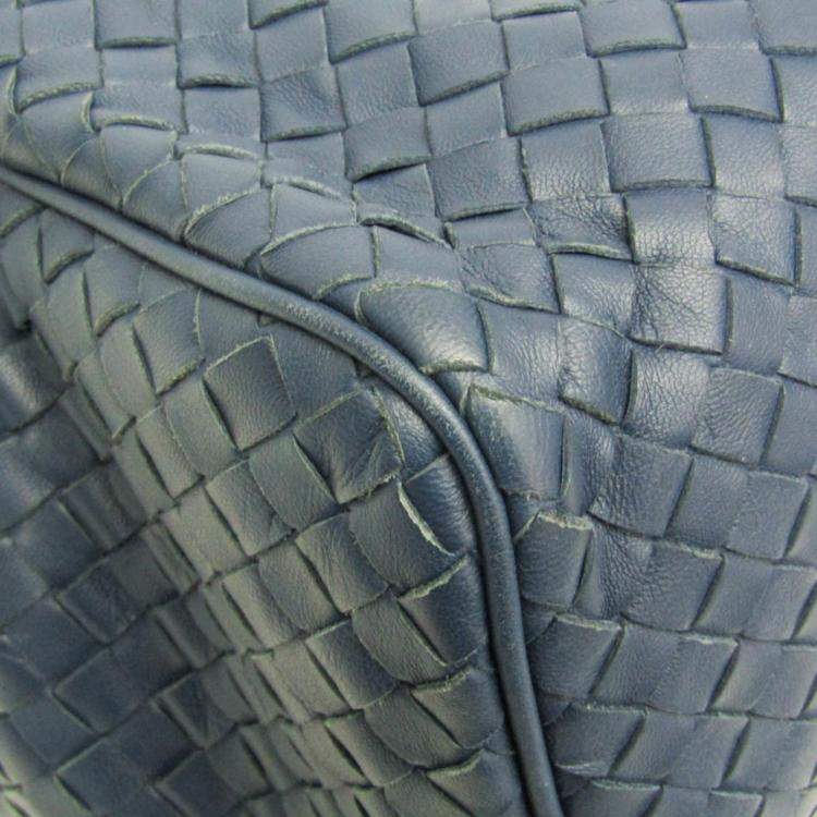 Pre Owned Bottega Veneta Intrecciato Small Boston Bag Leather Shoulder Bag Blue