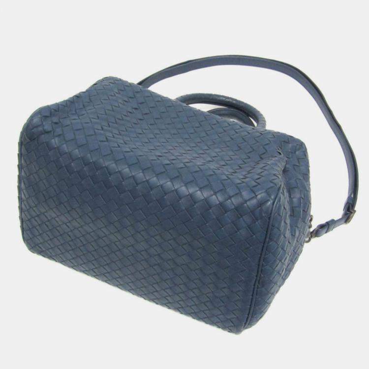Pre Owned Bottega Veneta Intrecciato Small Boston Bag Leather Shoulder Bag Blue