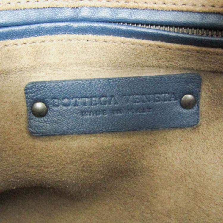 Pre Owned Bottega Veneta Intrecciato Small Boston Bag Leather Shoulder Bag Blue