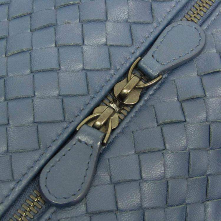 Pre Owned Bottega Veneta Intrecciato Small Boston Bag Leather Shoulder Bag Blue