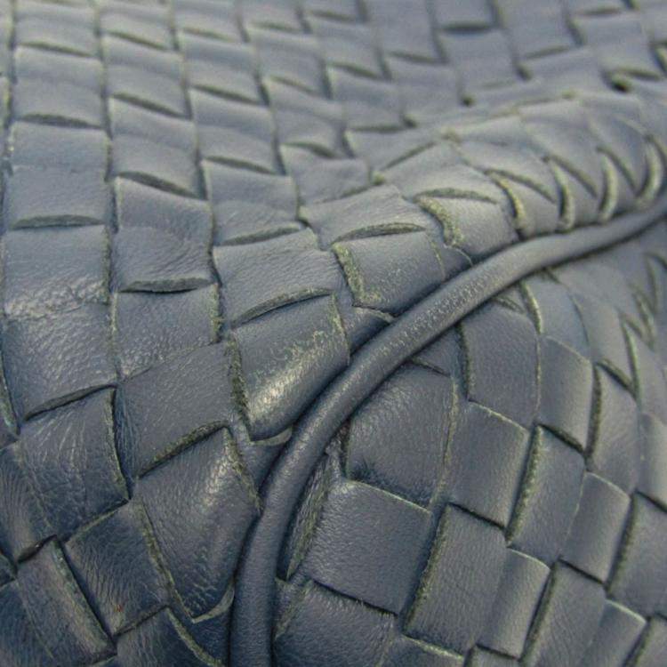 Pre Owned Bottega Veneta Intrecciato Small Boston Bag Leather Shoulder Bag Blue
