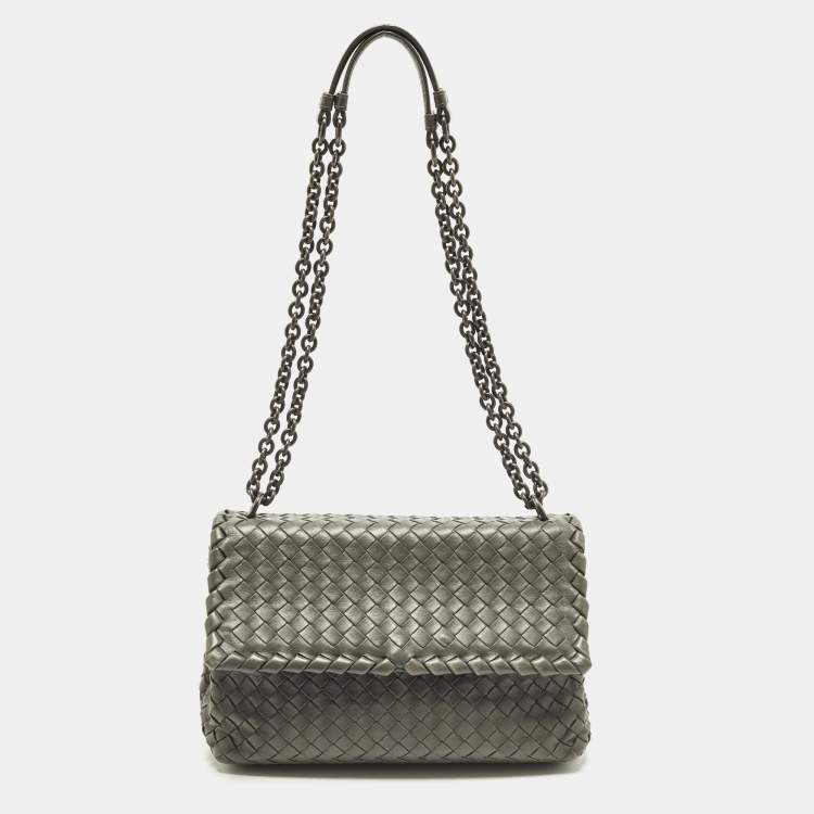 Pre Owned Bottega Veneta Olimpia Small Grey Intrecciato Leather Shoulder Bag