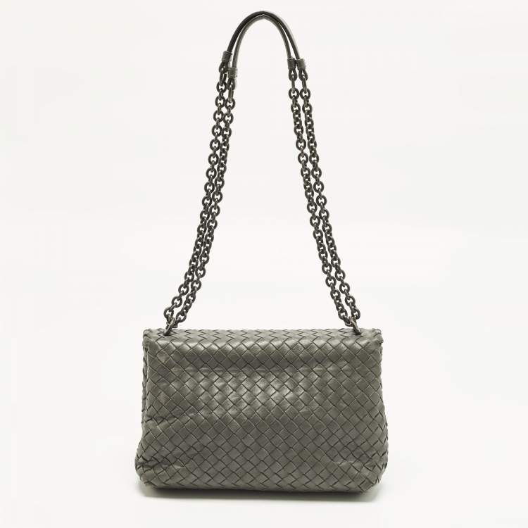 Pre Owned Bottega Veneta Olimpia Small Grey Intrecciato Leather Shoulder Bag