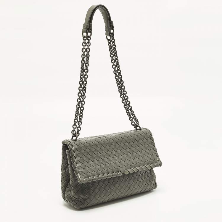 Pre Owned Bottega Veneta Olimpia Small Grey Intrecciato Leather Shoulder Bag
