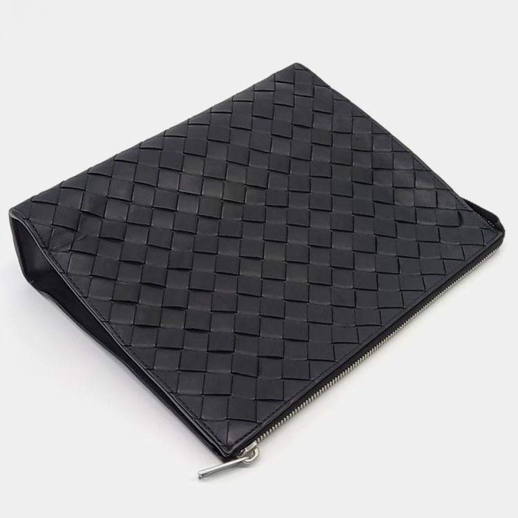 Pre Owned Bottega Veneta Black Leather Mesh Clutch