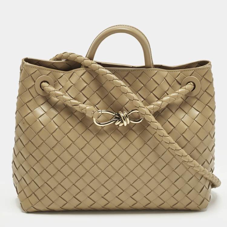 Pre Owned Bottega Veneta Andiamo Medium Tan Intrecciato Leather Tote