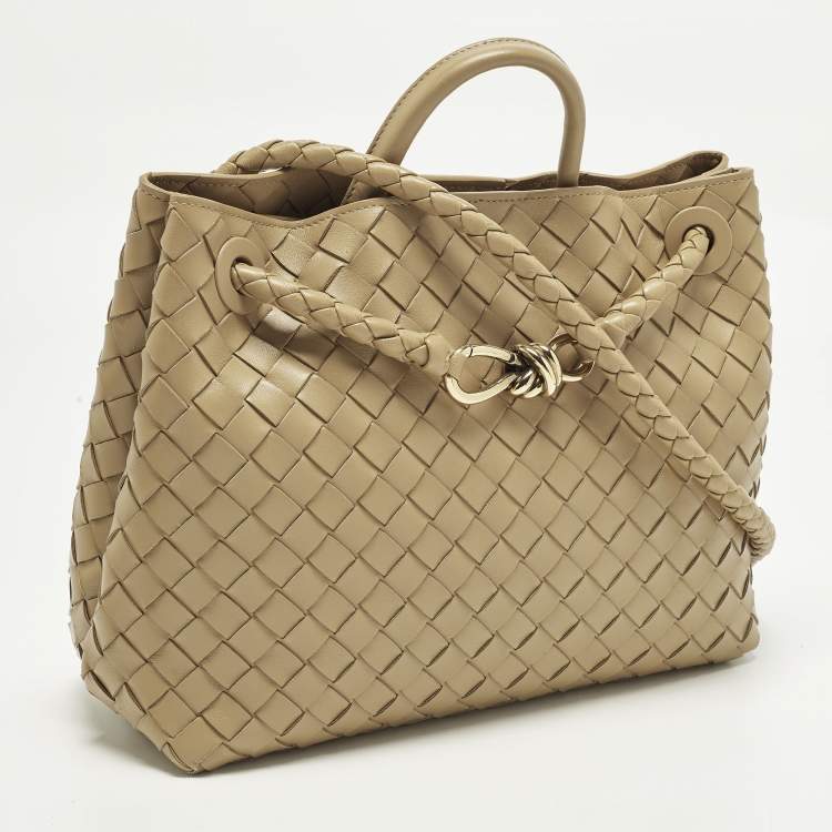 Pre Owned Bottega Veneta Andiamo Medium Tan Intrecciato Leather Tote