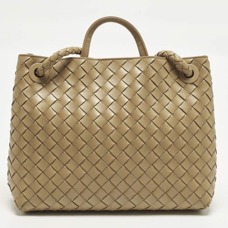 Pre Owned Bottega Veneta Andiamo Medium Tan Intrecciato Leather Tote
