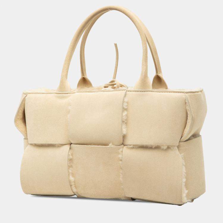 Pre Owned Bottega Veneta Brown Small Suede and Shearling Maxi Intrecciato Arco Tote