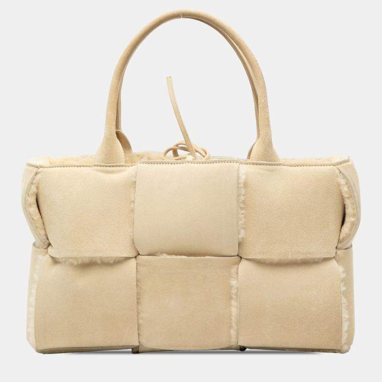 Pre Owned Bottega Veneta Brown Small Suede and Shearling Maxi Intrecciato Arco Tote