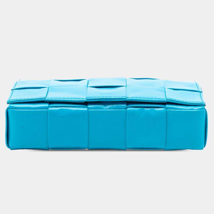 Pre Owned Bottega Veneta Blue Small Paper Calfskin Intrecciato Cassette Crossbody