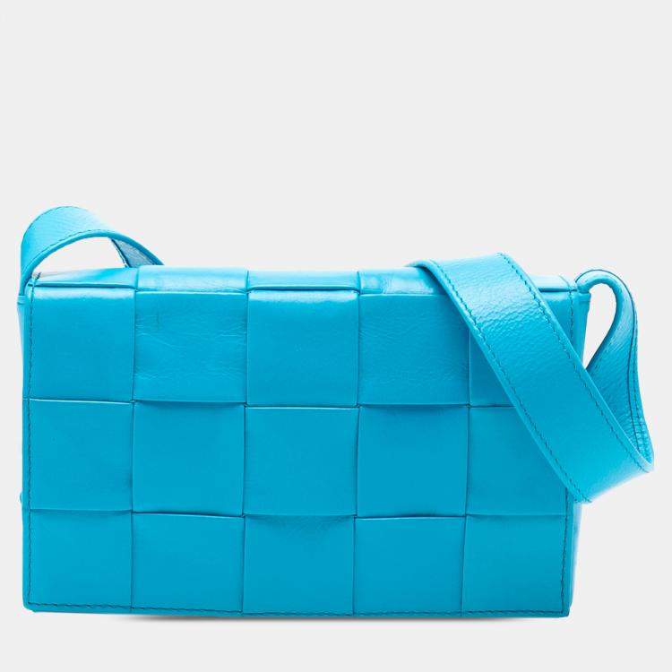 Pre Owned Bottega Veneta Blue Small Paper Calfskin Intrecciato Cassette Crossbody
