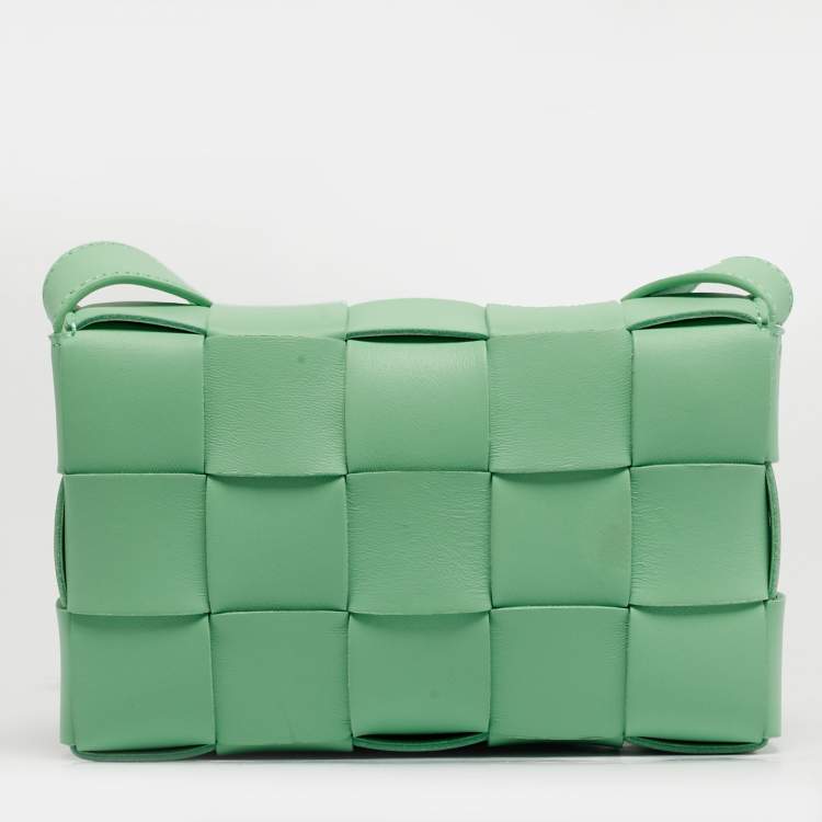 Pre Owned Bottega Veneta Cassette Small Light Green Leather Shoulder Bag