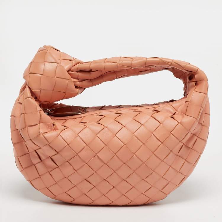 Pre Owned Bottega Veneta Jodie Knot Mini Peach Pink Intrecciato Leather Hobo