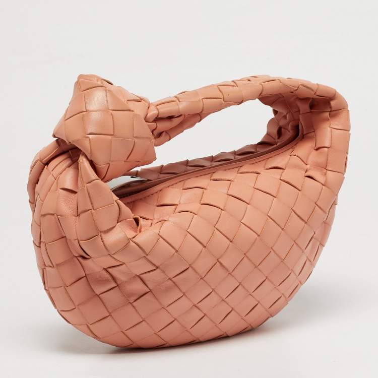 Pre Owned Bottega Veneta Jodie Knot Mini Peach Pink Intrecciato Leather Hobo