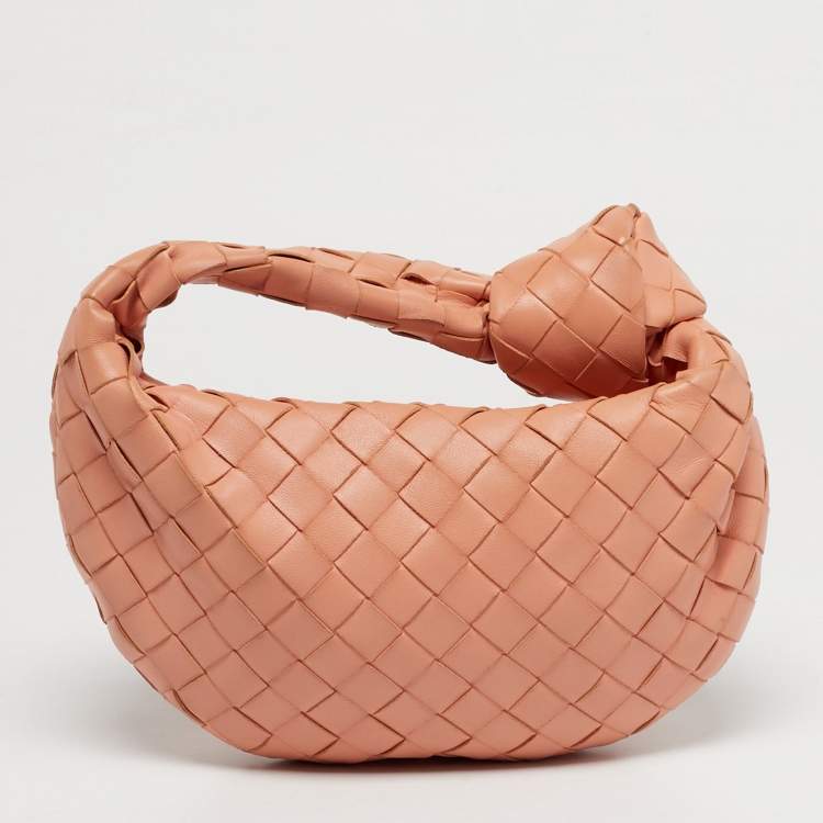 Pre Owned Bottega Veneta Jodie Knot Mini Peach Pink Intrecciato Leather Hobo