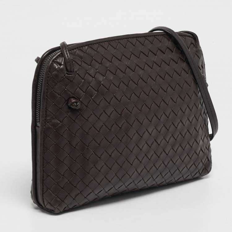 Pre Owned Bottega Veneta Nodini Dark Brown Intrecciato Leather Crossbody Bag