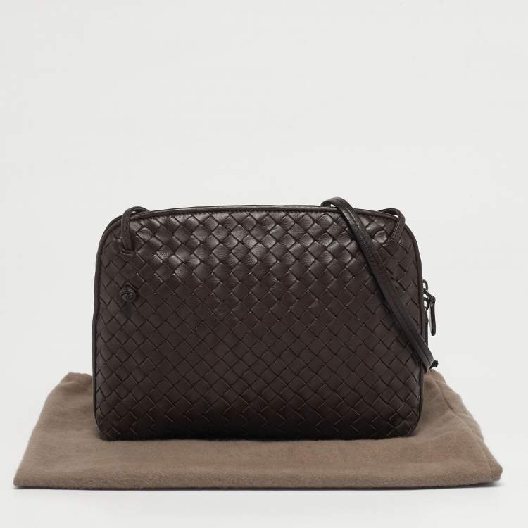Pre Owned Bottega Veneta Nodini Dark Brown Intrecciato Leather Crossbody Bag