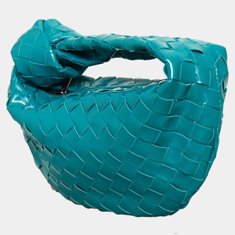 Pre Owned Bottega Veneta Mini Jodie Blue Patent Leather Bag