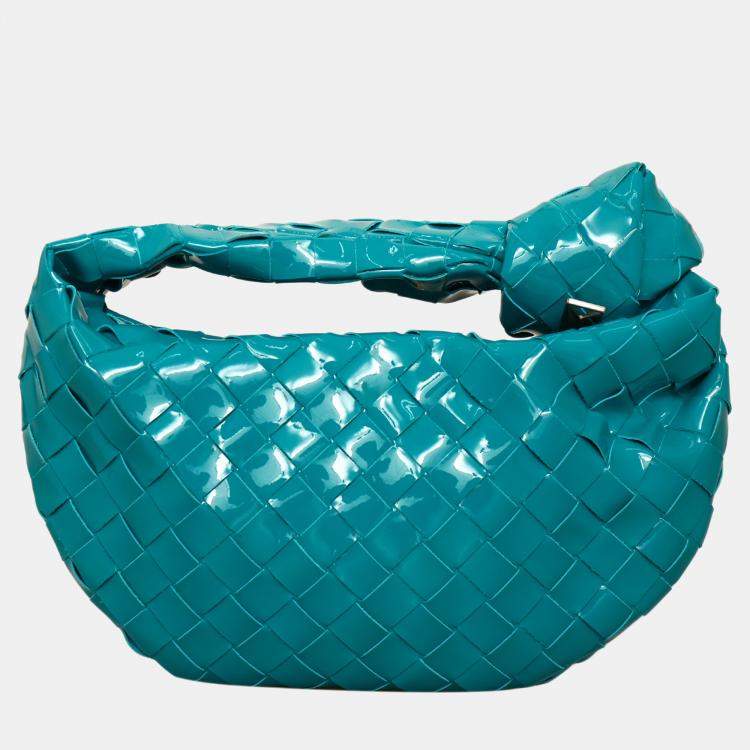 Pre Owned Bottega Veneta Mini Jodie Blue Patent Leather Bag