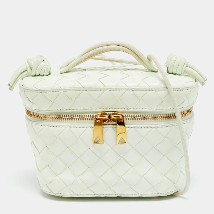 Pre Owned Bottega Veneta Vanity Mini Mint Green Intrecciato Leather Case Bag