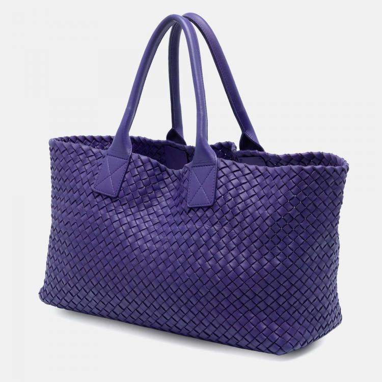 Pre Owned Bottega Veneta Purple Medium Lambskin Intreccio Cabat Tote