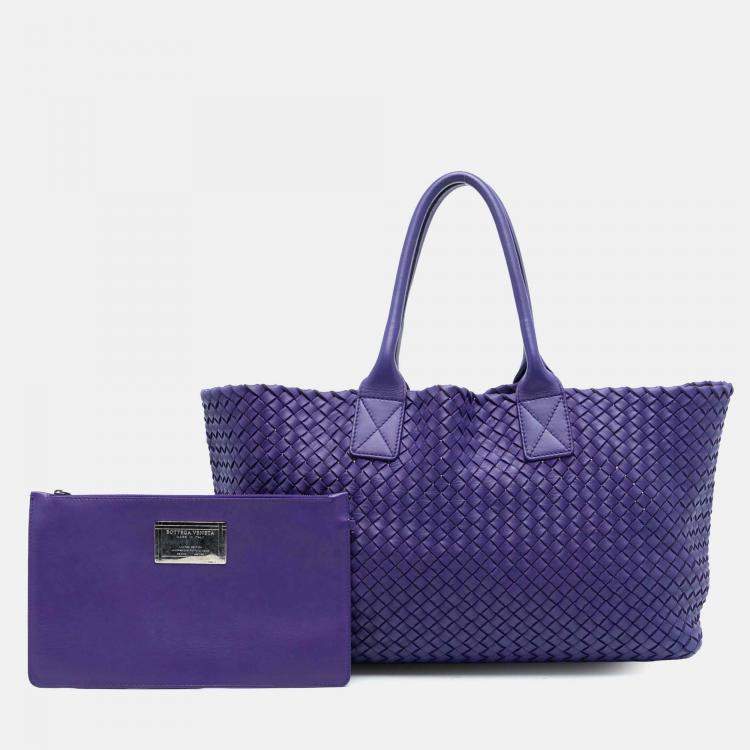 Pre Owned Bottega Veneta Purple Medium Lambskin Intreccio Cabat Tote