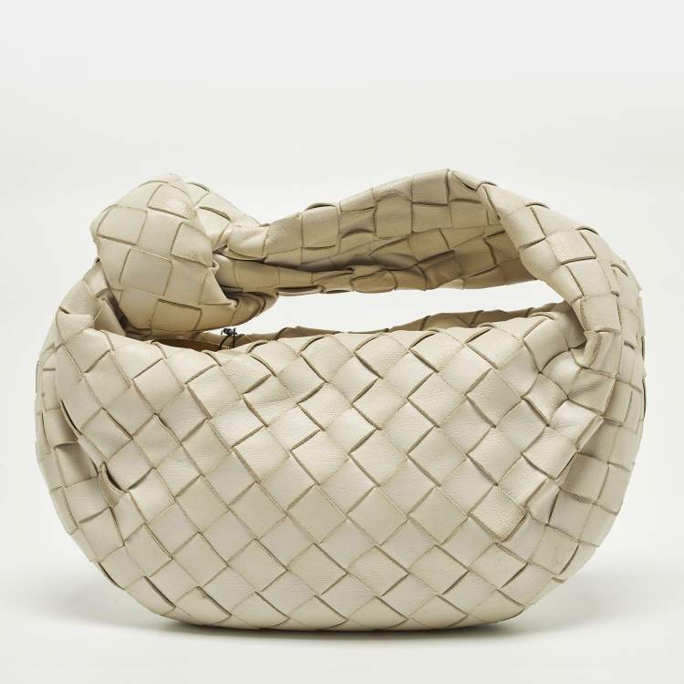Pre Owned Bottega Veneta Jodie Mini Off White Intrecciato Leather Hobo