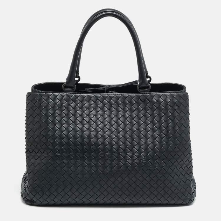 مملوكة مسبقًا Bottega Veneta Double Compartment Dark Grey Intrecciato Leather Tote